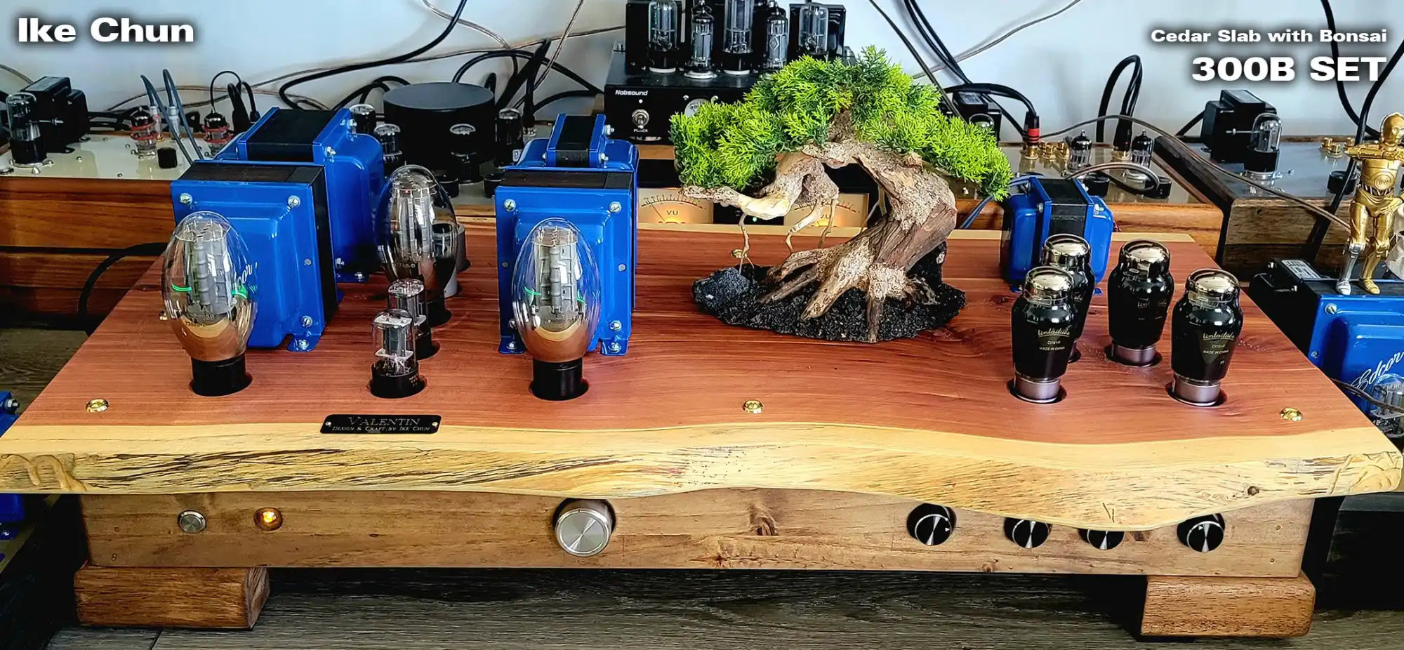 300b set amplifier with wooden base and blue components.