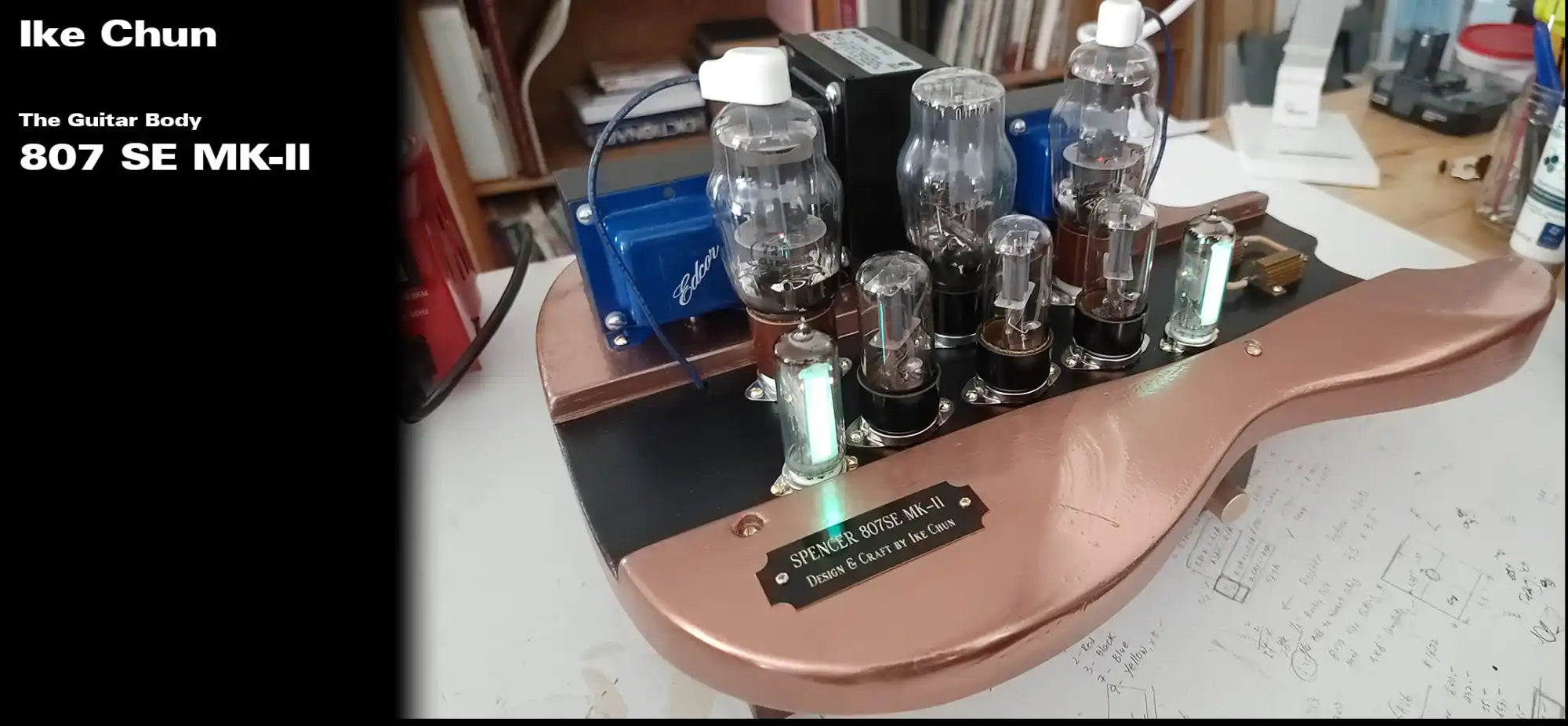 807 se mk-ii vacuum tube amplifier with copper panel and glass tubes.