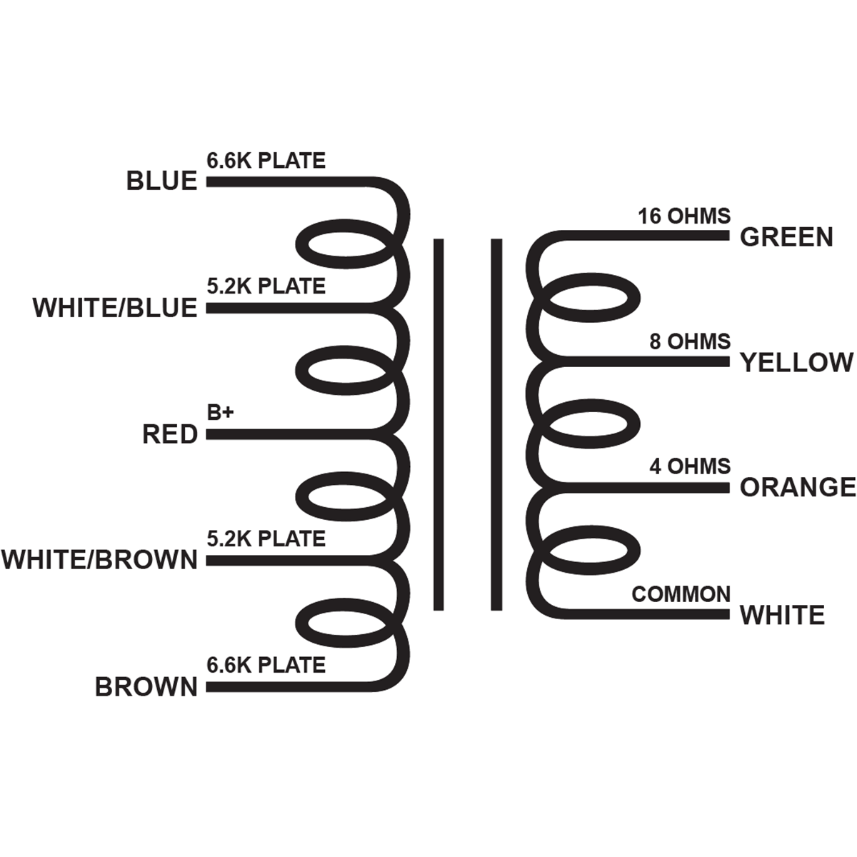 EDCOR Push-Pull Output Transformer CXPP50-MS-5.2K/6.6K - 50W, 5.2K & 6.6K Ohms (No Grid Taps to 4, 8 and 16 ohms - Schematic