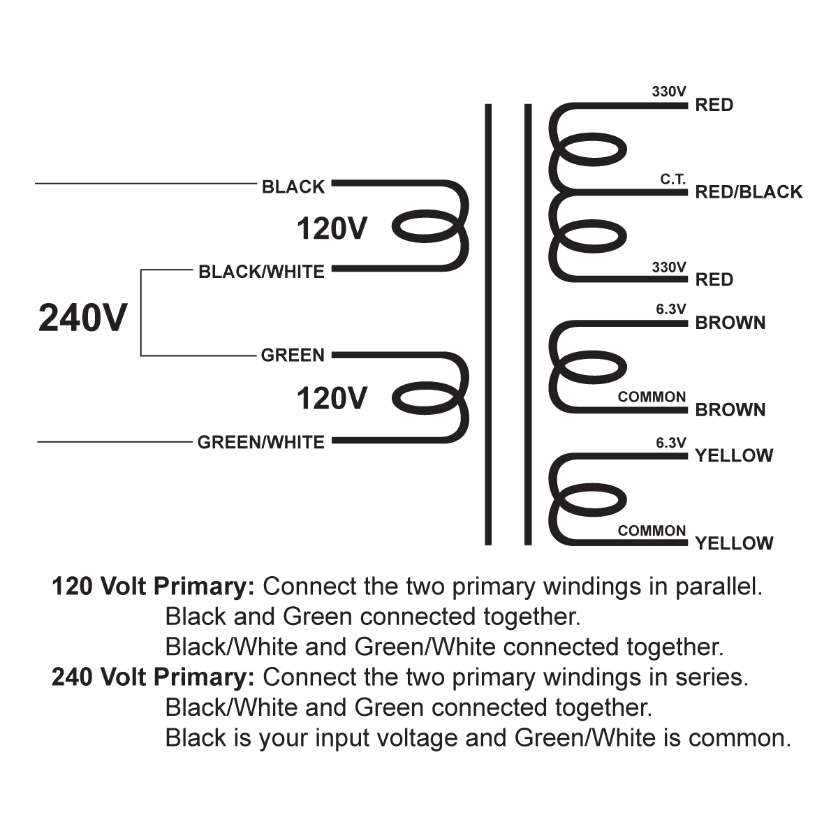 EDCOR Tube Power Transformer XPWR005-120/240 - 120V/240V 50/60Hz. to 660V@180mA CT, 6.3V@2.5A, & 6.3V@2.5A - Schematic