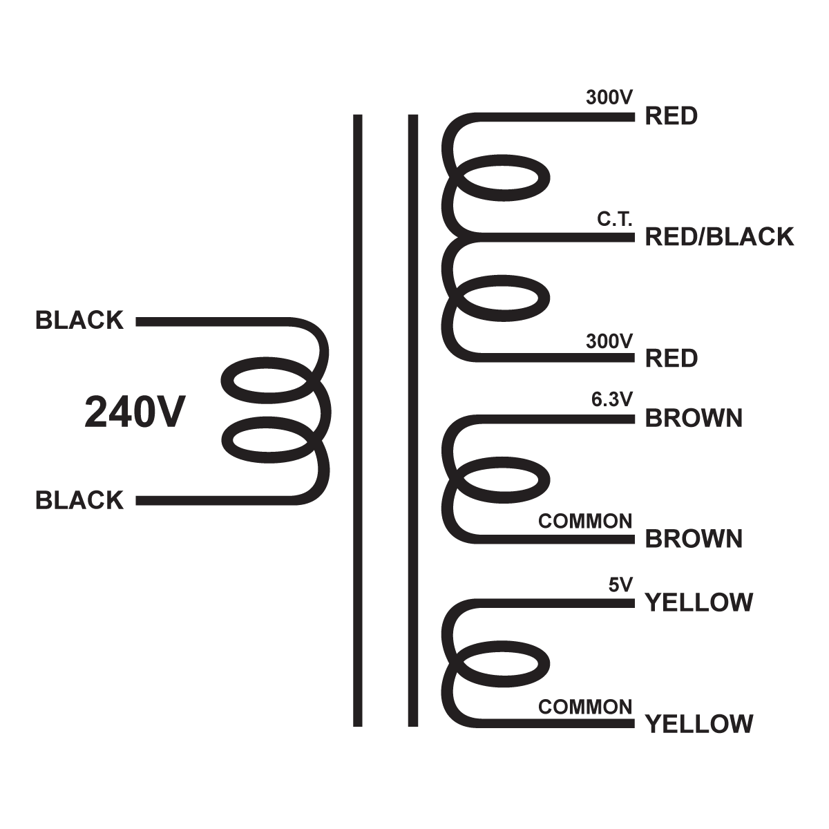 EDCOR Tube Power Transformer XPWR008-240 - 240V 50/60Hz. to 600V@200mA CT, 6.3V@4A, & 5V@3A - Schematic