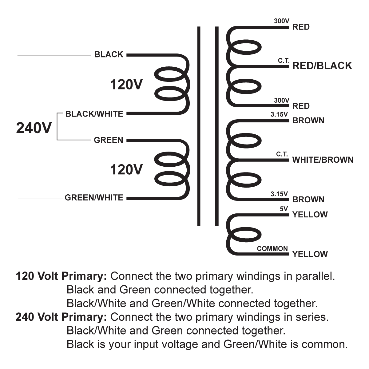 EDCOR Tube Power Transformer XPWR014-120/240 - 120V/240V, 50/60Hz. to 600V@75mA CT, 6.3V@3A CT, & 5V@2A - Schematic