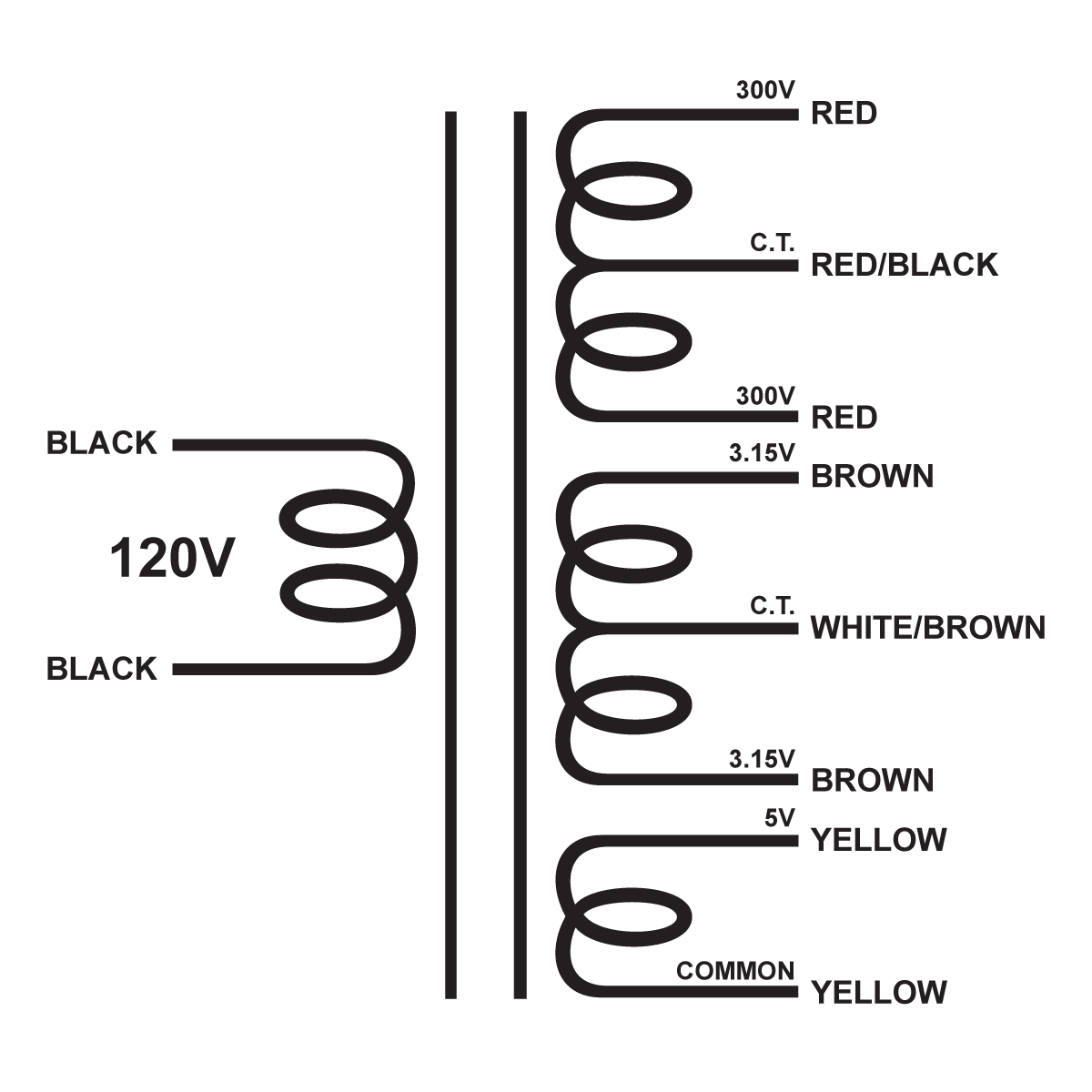 EDCOR Tube Power Transformer XPWR014-120 - 120V, 60Hz. to 600V@75mA CT, 6.3V@3A CT, & 5V@2A - Schematic
