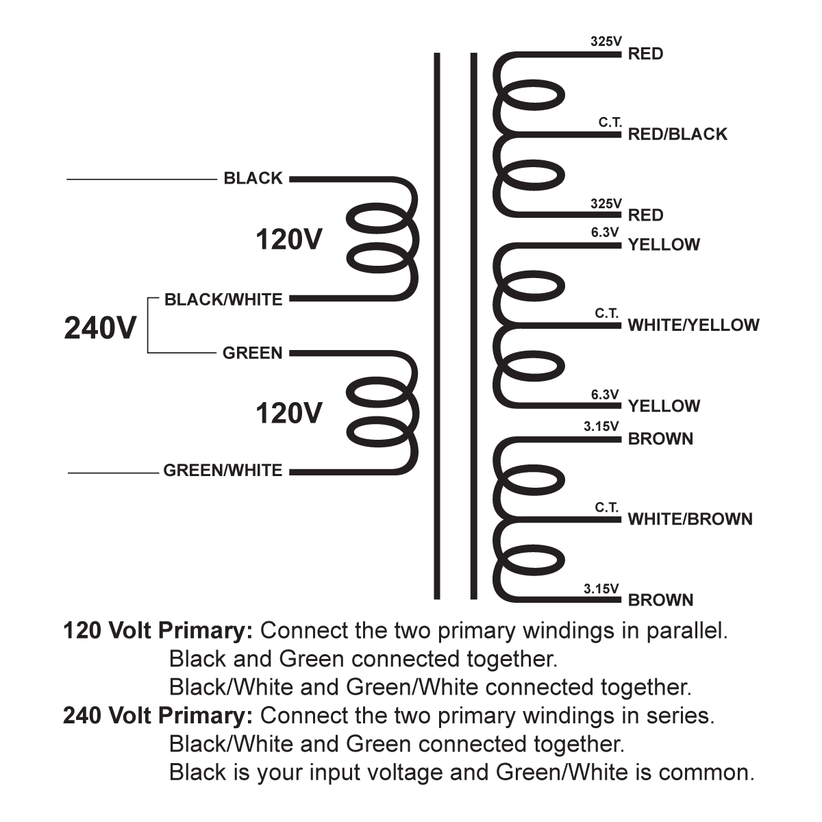 EDCOR Tube Power Transformer XPWR015-120/240 - 120V/240V, 50/60Hz. to 650@180mA CT, 12.6V@2A CT, & 6.3V@3.5A CT - Schematic