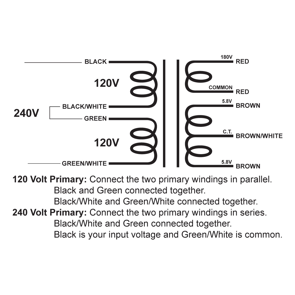 EDCOR Tube Power Transformer XPWR025-120/240 - 120V/240V, 50/60Hz. to 180V@200mA & 11.6V@2A CT - Schematic
