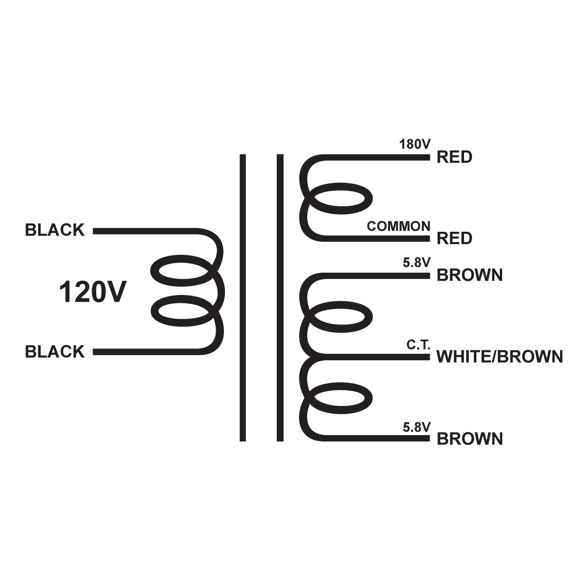 EDCOR Tube Power Transformer XPWR025-120 - 120V, 60Hz. to 180V@200mA & 11.6V@2A CT - Schematic