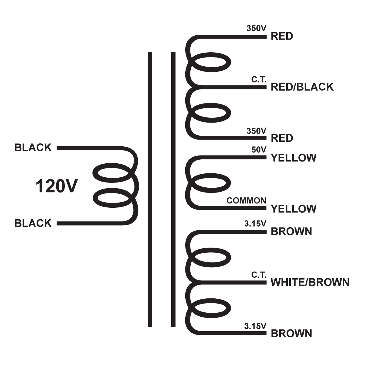 EDCOR Tube Power Transformer XPWR029-120 - 700V@400mA, 50V@5mA, & 6.3V@7.5A - 120V, 60Hz. Schematic