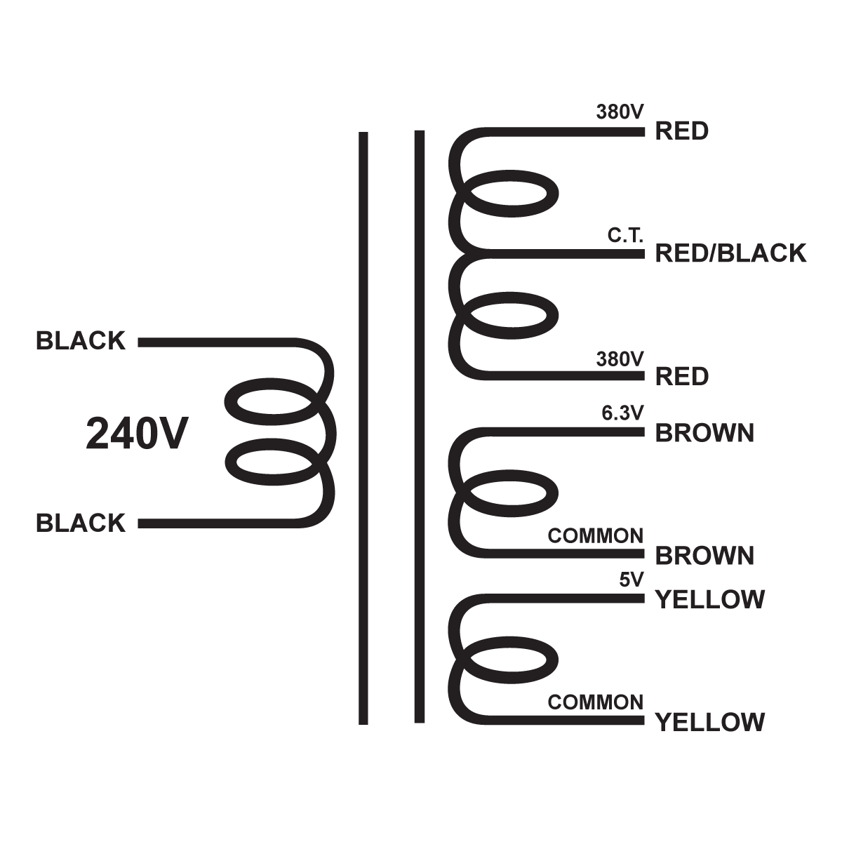 EDCOR Tube Power Transformer XPWR033-240 - 240V, 50/60Hz. to 760V@200mA CT, 6.3V@5A, & 5V@3A - Schematic