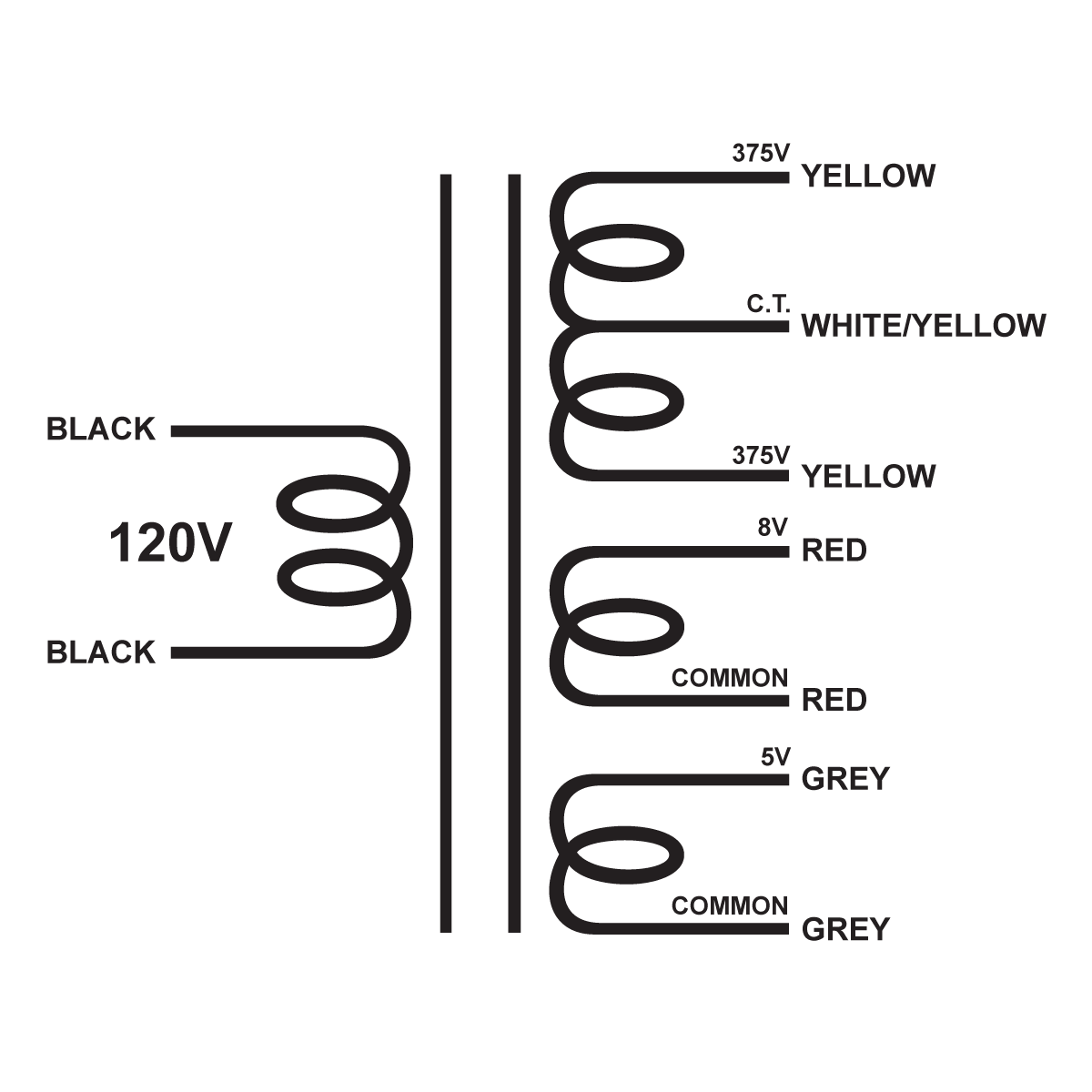 EDCOR Tube Power Transformer XPWR036-120 - 120V, 60Hz. to 750V@250mA CT, 8V@6A & 5V@4A - Schematic