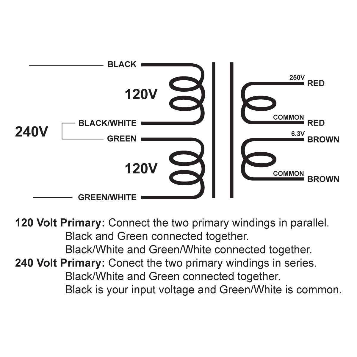 EDCOR Tube Power Transformer XPWR050-120/240 - 120V/240V, 50/60Hz. to 250V@200mA & 6.3V@3.5A - Schematic