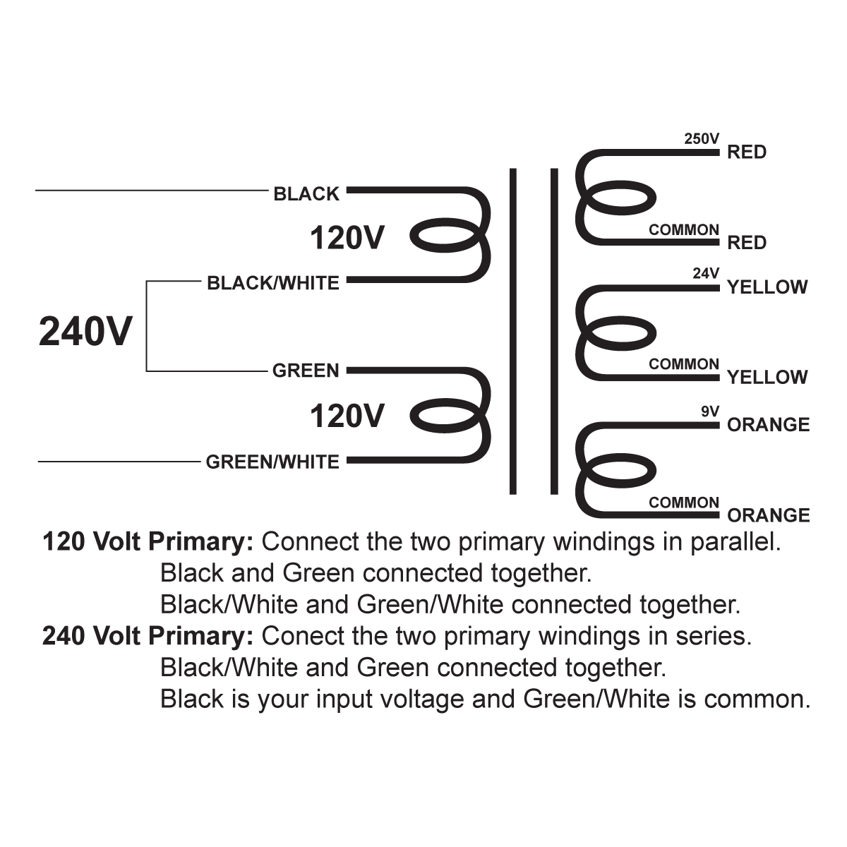 EDCOR Tube Power Transformer XPWR055-120/240 - 120V/240V, 50/60Hz. to 250V@100mA, 24V@500mA, & 9V@2.5A - Schematic