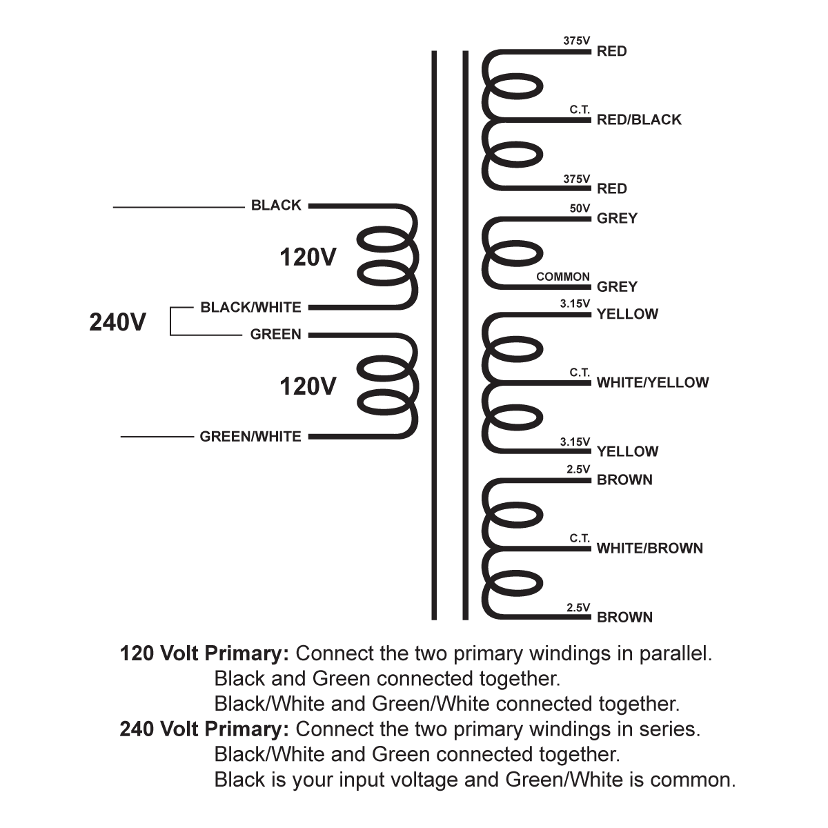 EDCOR Tube Power Transformer XPWR058-120 - 120V, 60Hz. to 180V@200mA & 12.6V@4A CT - Schematic