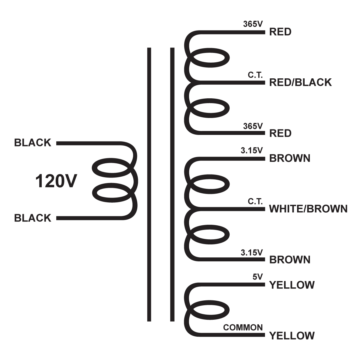 EDCOR Tube Power Transformer XPWR060-120 - 120V, 60Hz. to 730V@120mA CT, 6.3V@3A CT, & 5V@2A - Schematic