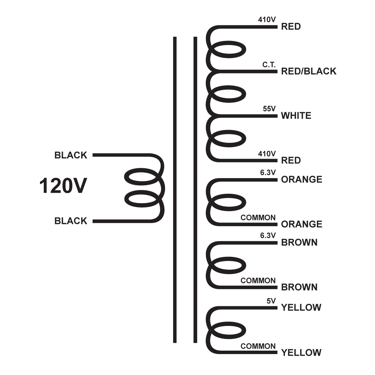 EDCOR Tube Transformer 820V(410-0-55-410)@325mA with 55V bias tap, 6.3V@4A, 6.3V@4A, & 5V@3A - 120, 60Hz. Schematic