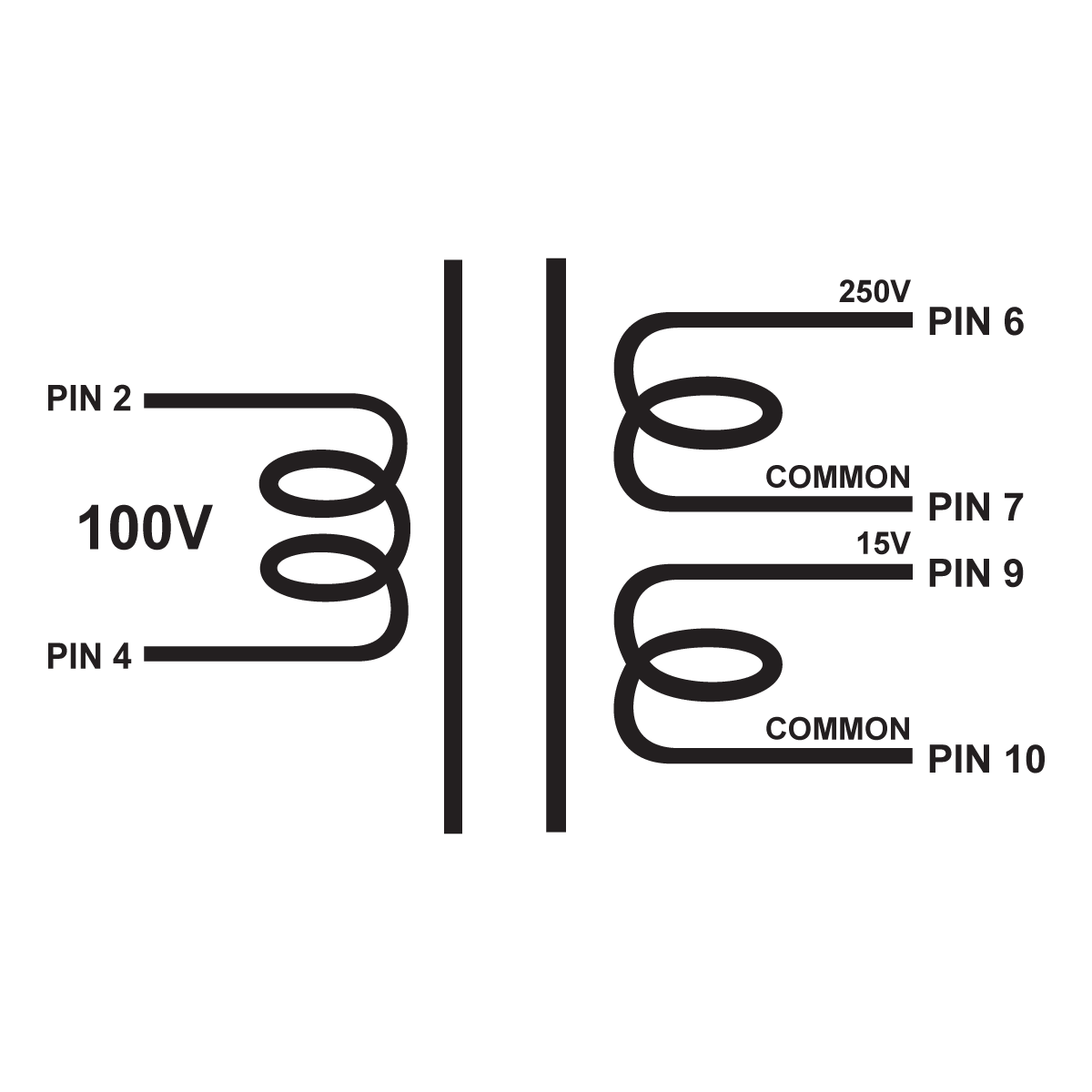 EDCOR Tube Power Transformer XPWR194-100- 100V, 50/60Hz. to 250V@10mA & 15V@1A - Schematic