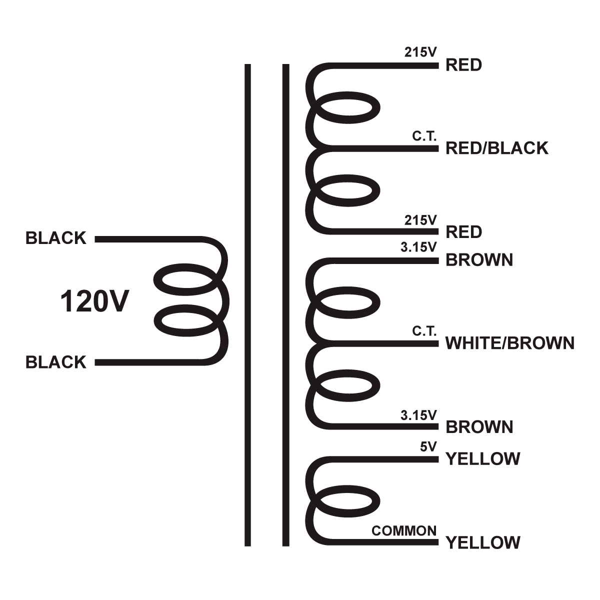 EDCOR Tube Power Transformer XPWR277-120 - 430V@300mA CT, 6.3V@6A CT, & 5V@3A - 120V, 60Hz. - Schematic