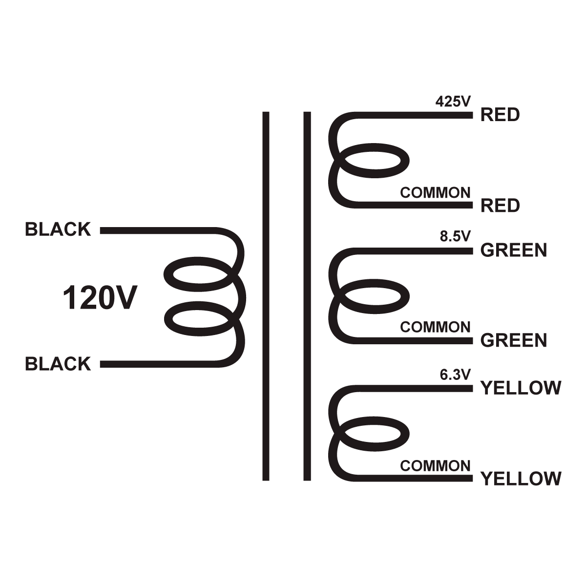 EDCOR Tube Power Transformer XPWR288-120 - 425V@180mA, 8.5V@6A, & 6.3V@1A - 120V, 60Hz. Schematic