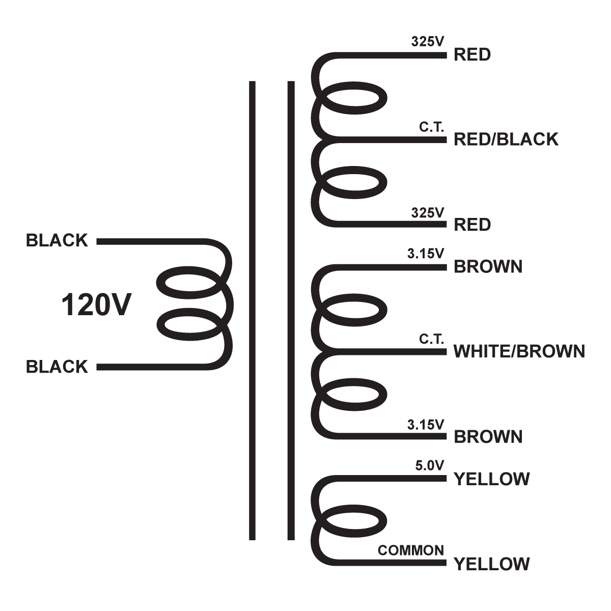 EDCOR Tube Power Transformer XPWR303-120 - 120V 60Hz. to 650V@250mA CT, 6.3V@6A CT, & 5V@3A - Schematic