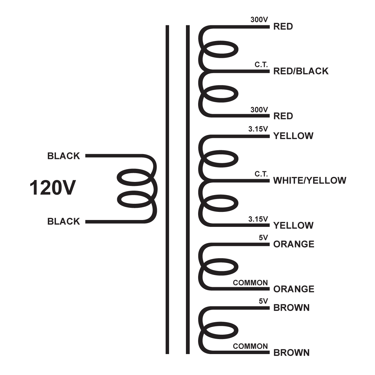 EDCOR Tube Power Transformer XPWR309-120 - 600V@150mA CT, 6.3V@3A, 5V@3A, & 5V@3A - 120V, 60Hz. Schematic