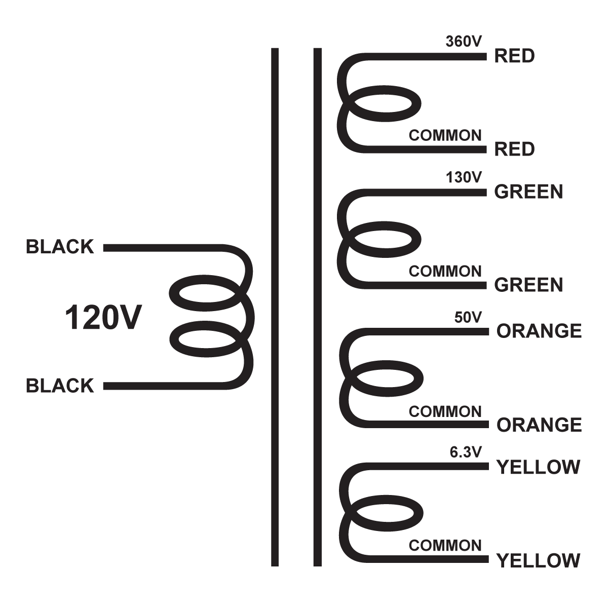 EDCOR Tube Power Transformer XPWR314-120 - 360V@300mA, 130V@80mA, 50V@50mA, & 6.3V@6.5A - 120V, 60Hz. Schematic