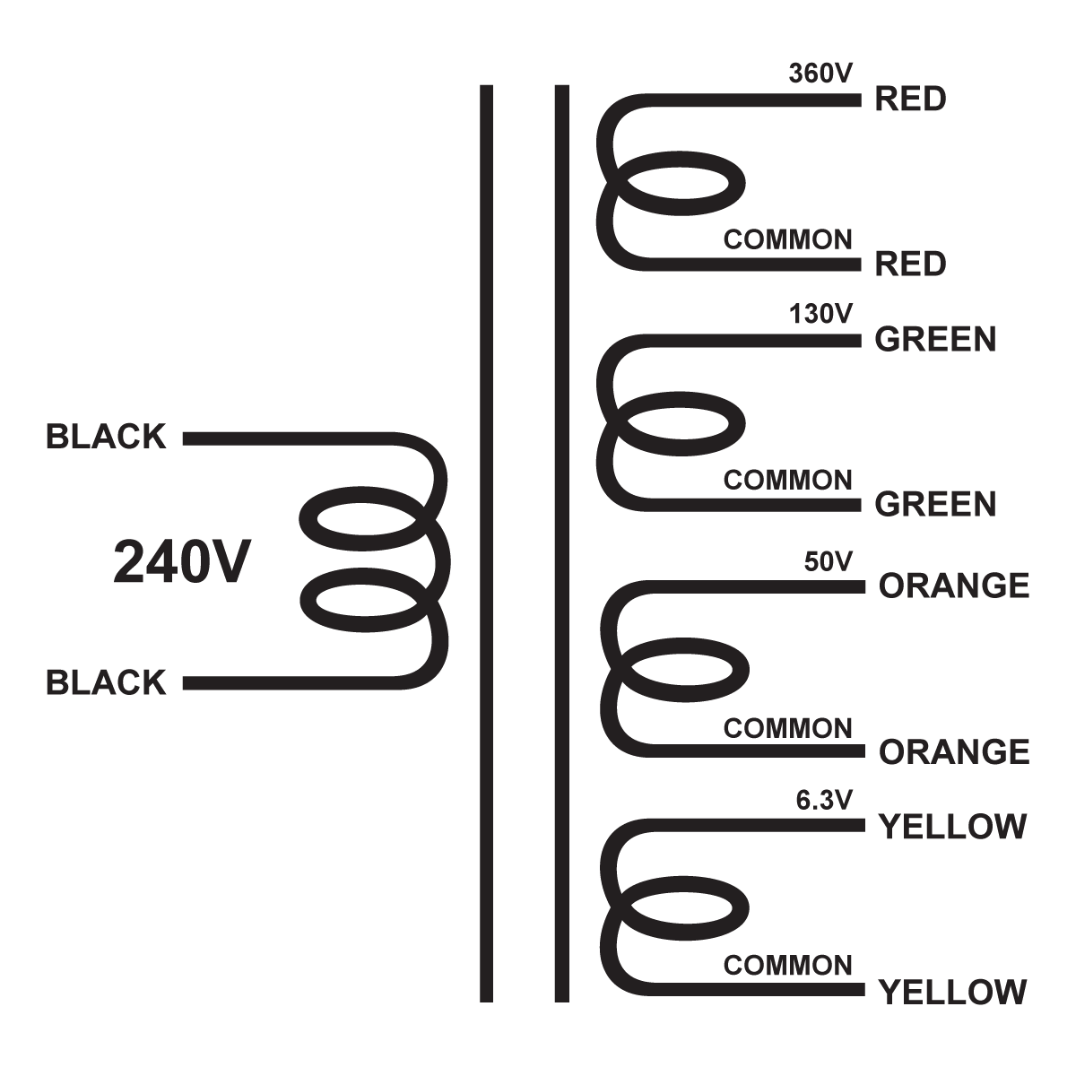 EDCOR Tube Power Transformer XPWR314-240 - 360V@300mA, 130V@80mA, 50V@50mA, & 6.3V@6.5A - 240V, 50/60Hz.