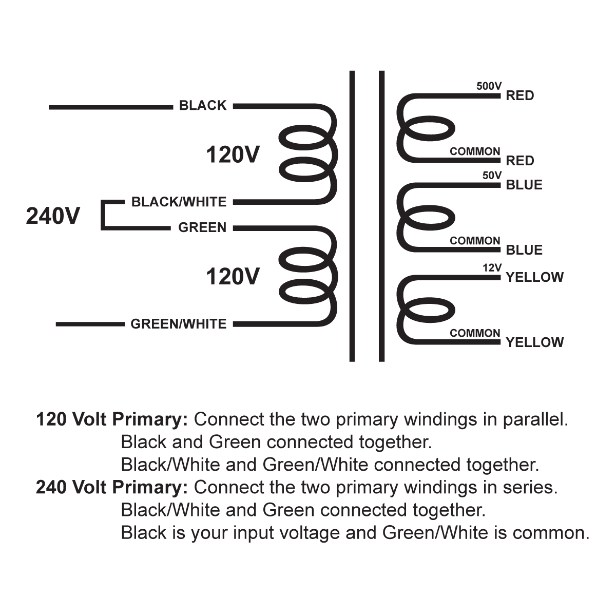 EDCOR Tube Power Transformer XPWR317-120/240 - 120V/240V 50/60 Hz. - 500V@30mA, 50V@10mA, & 12V@1A - Schematic