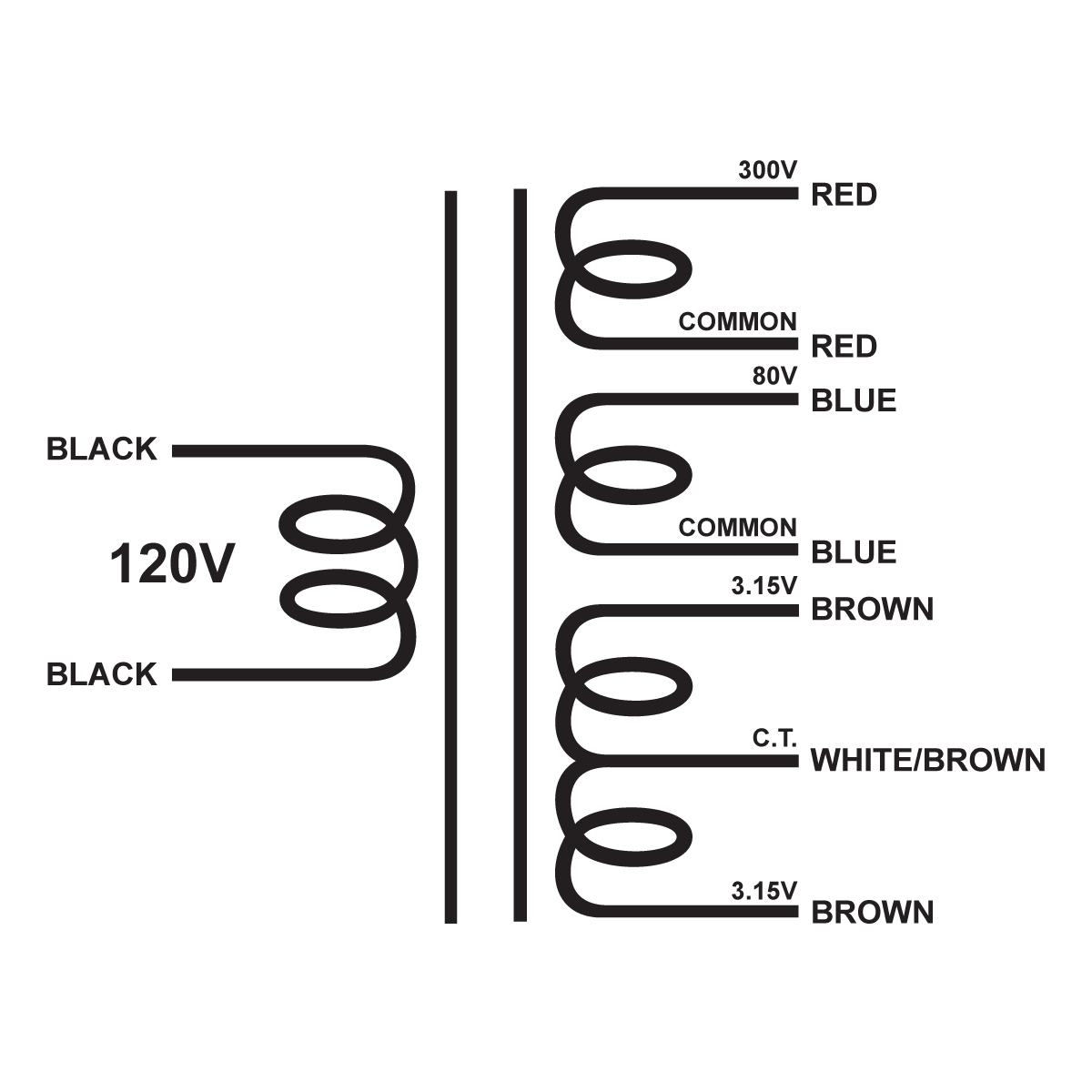 EDCOR Tube Power Transformer XPWR318-120 - 300V@450mA, 50V@40mA, & 6.3V@5A CT - Schematic