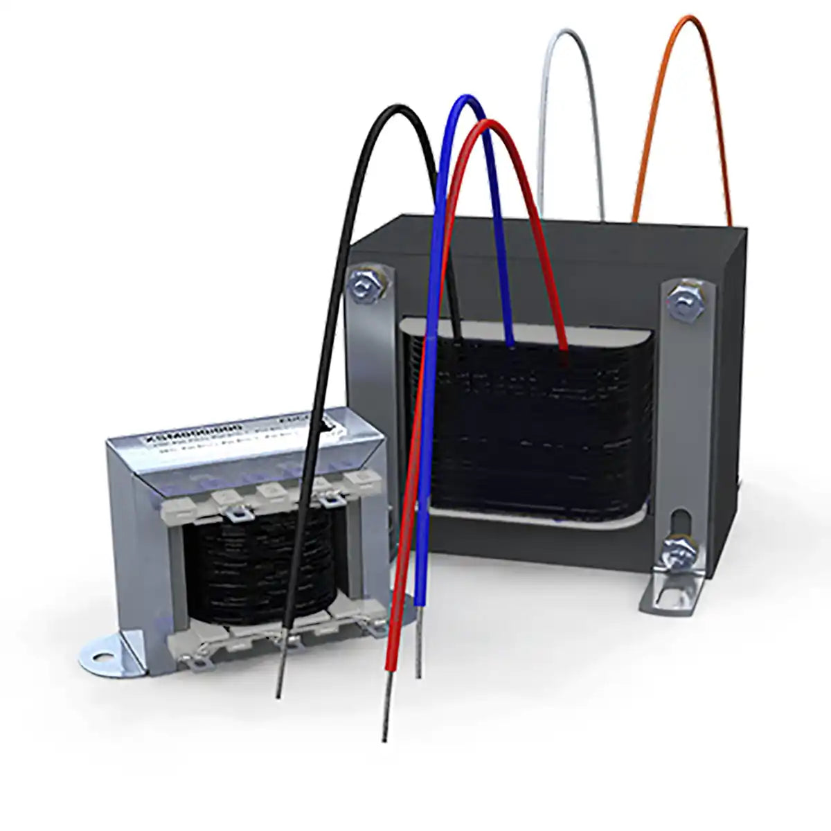 Black and silver transformer with colorful wires