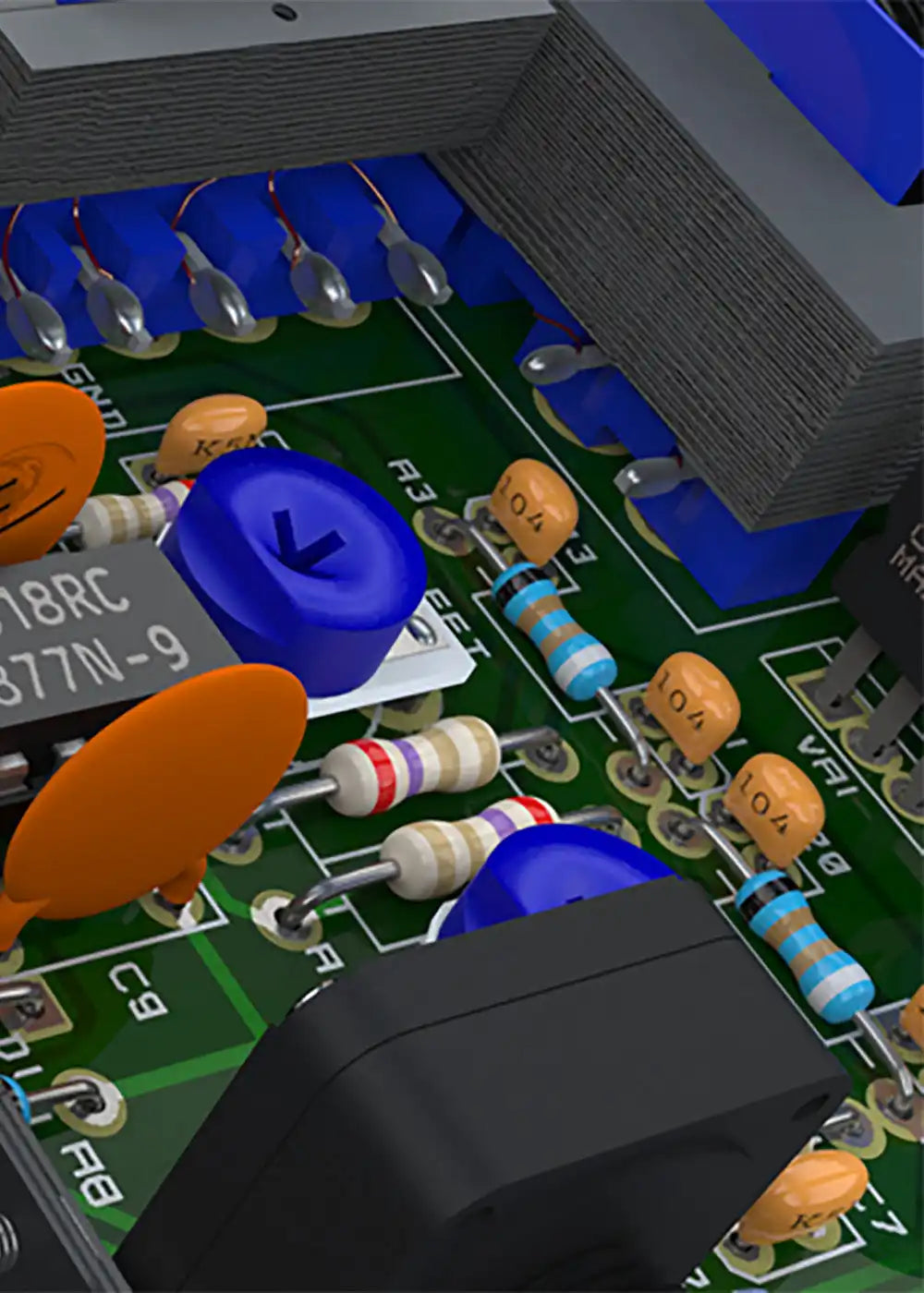Circuit board with orange capacitors and blue resistors.
