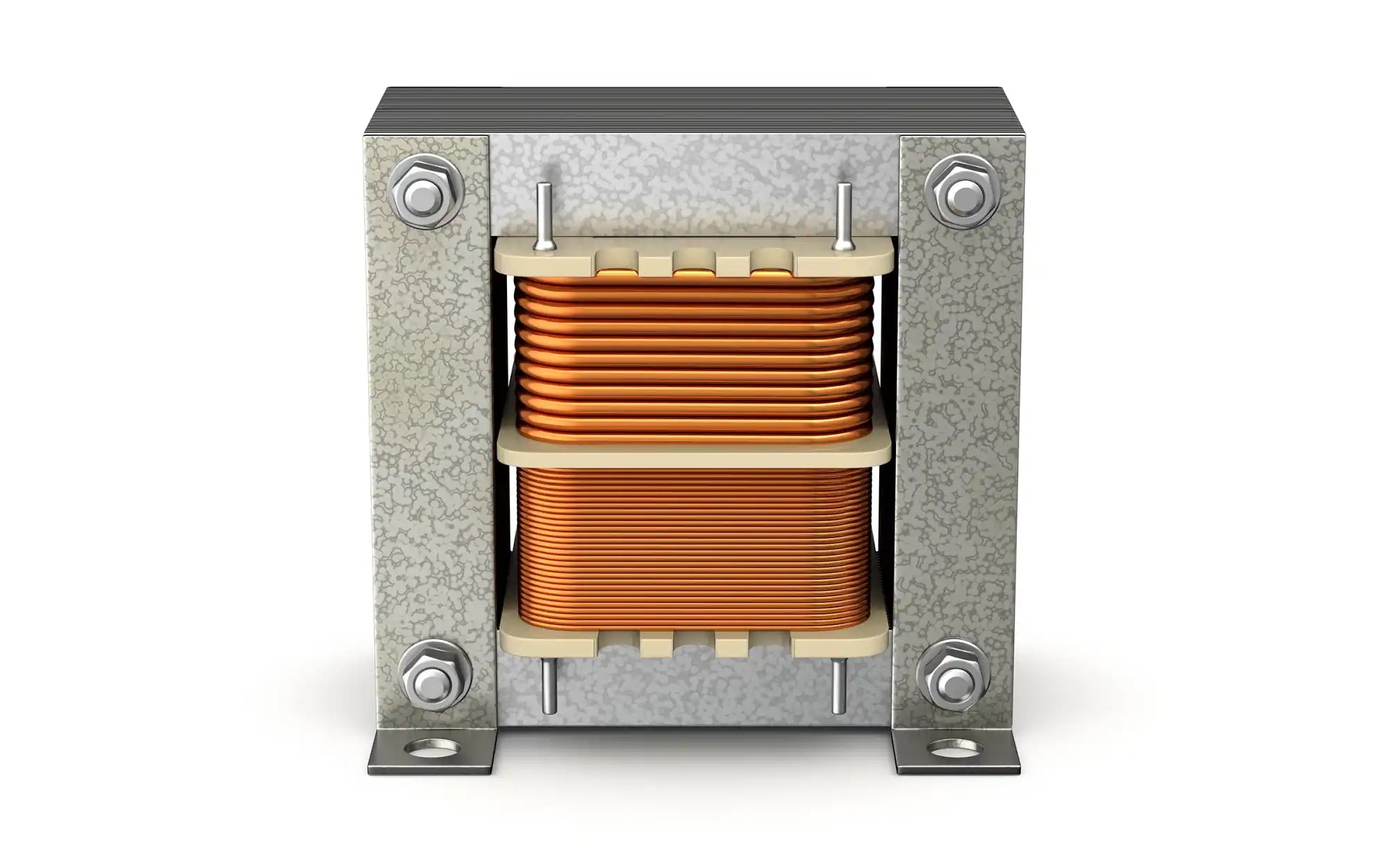 Copper coil transformer with metal casing and bolts.
