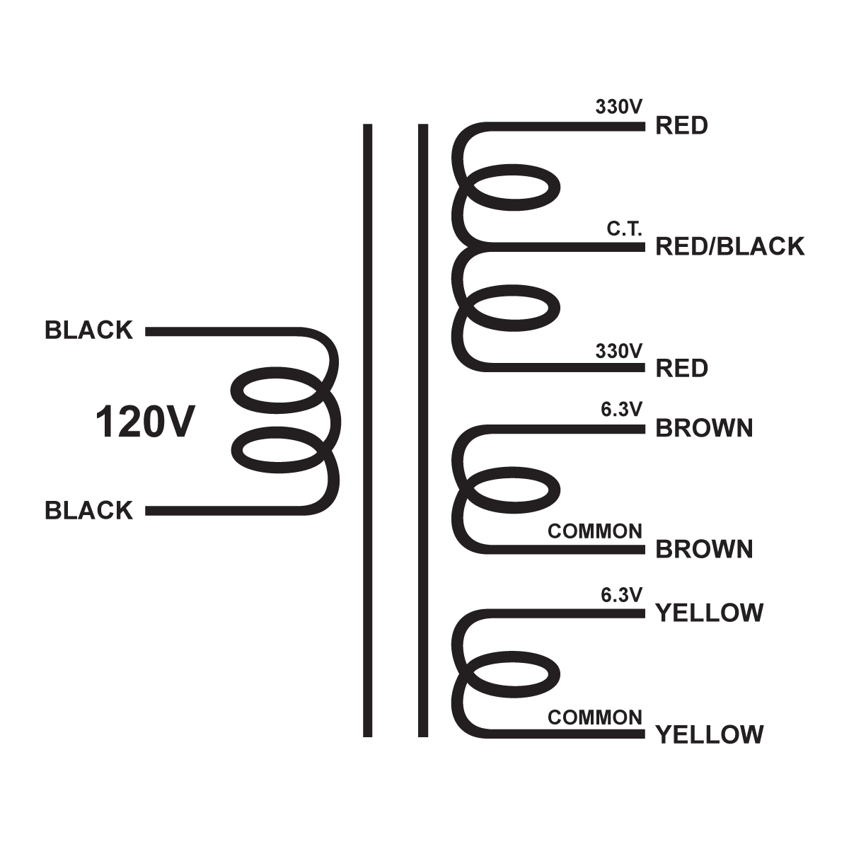 EDCOR Tube Power Transformer XPWR005-120 - 660V@180mA CT, 6.3V@2.5A, & 6.3V@2.5A - 120V, 60Hz. Schematic