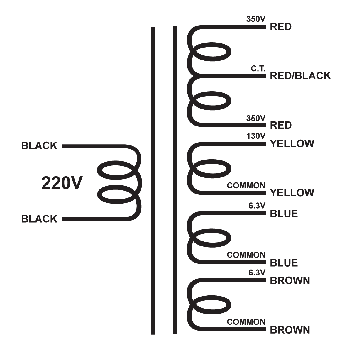 EDCOR Tube Power Transformer XPWR030-220 - 700V@300mA CT, 130V@100mA, & Dual 6.3V@6A - 220V, 50/60Hz. Schematic