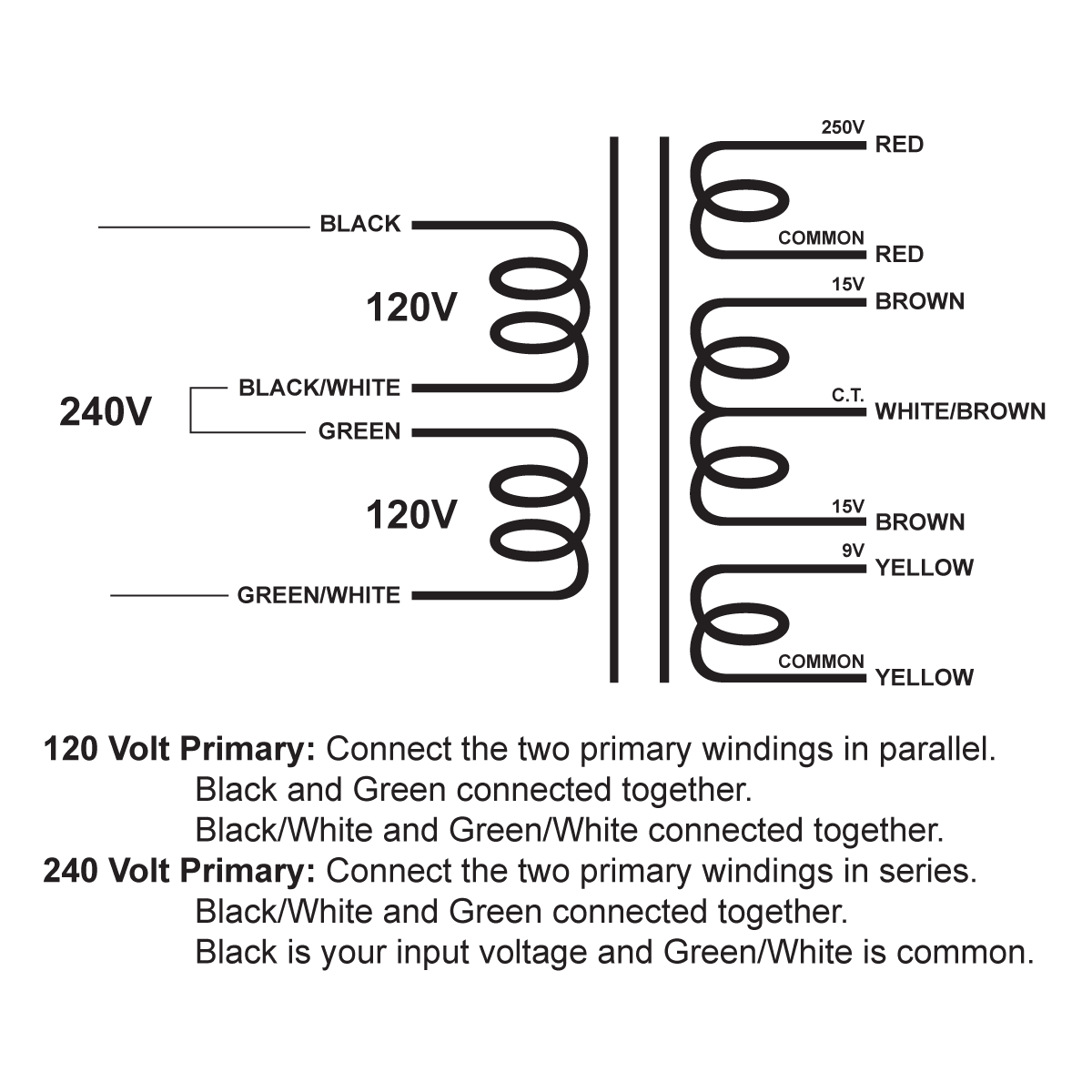 EDCOR Tube Power Transformer XPWR063-120/240 - 250V@200mA, 30V@1A CT, & 9V@6A - 120V/240V, 50/60Hz. Schematic