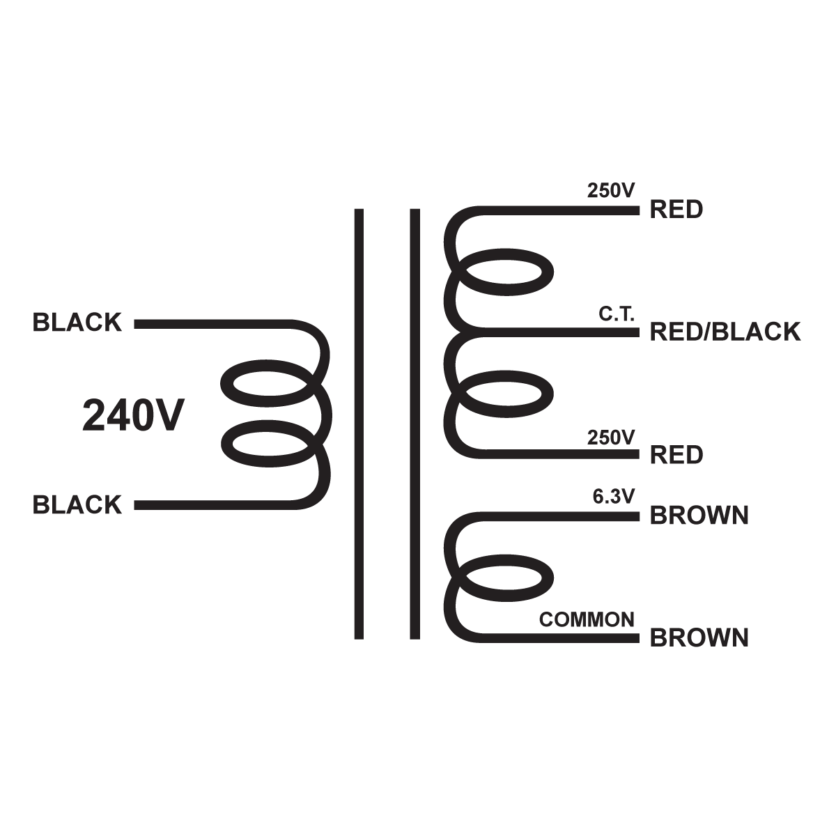 EDCOR Tube Power Transformer XPWR065-240 - 500V@250mA CT & 6.3V@4A - 240V, 50/60Hz. Schematic