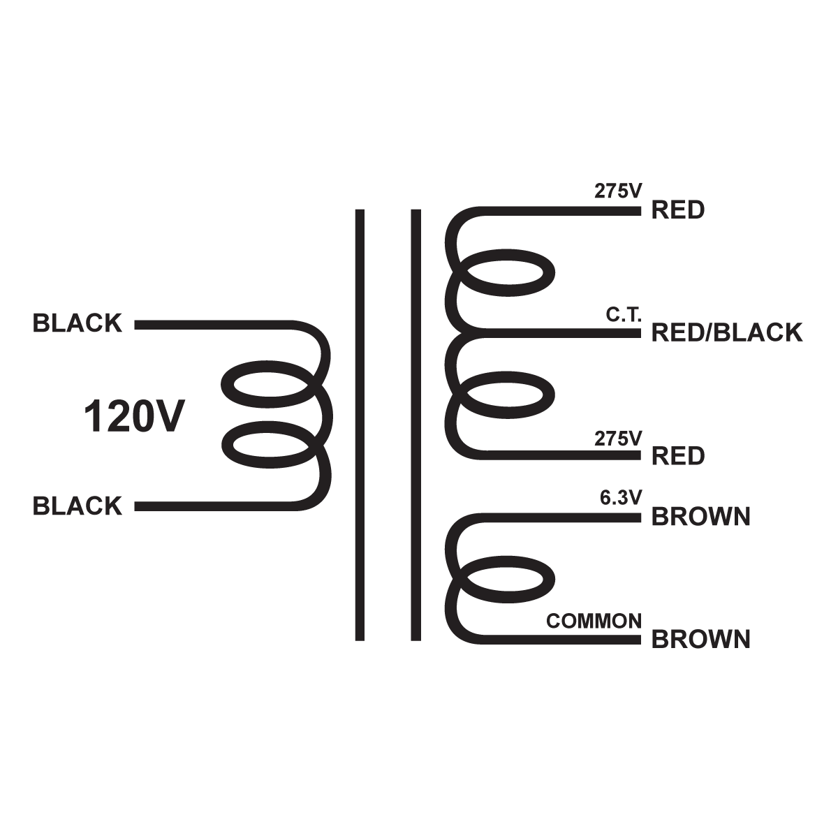 EDCOR Tube Power Transformer XPWR072-120 - 550V@250mA CT & 6.3V@7A - 120V, 60Hz. Schematic