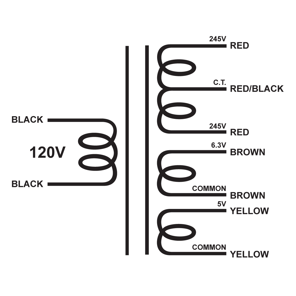 EDCOR Tube Power Transformer XPWR074-120 - 490V@150mA CT, 6.3V@4A, & 5V@3A - 120V, 60Hz. Schematic