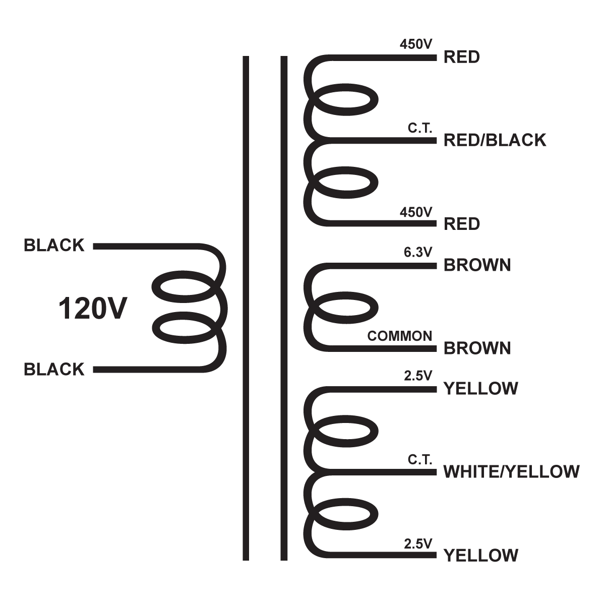 EDCOR Tube Power Transformer XPWR077-120 - 900V@200mA CT, 6.3V@5A, & 5V@5A CT - 120V, 60Hz. Schematic