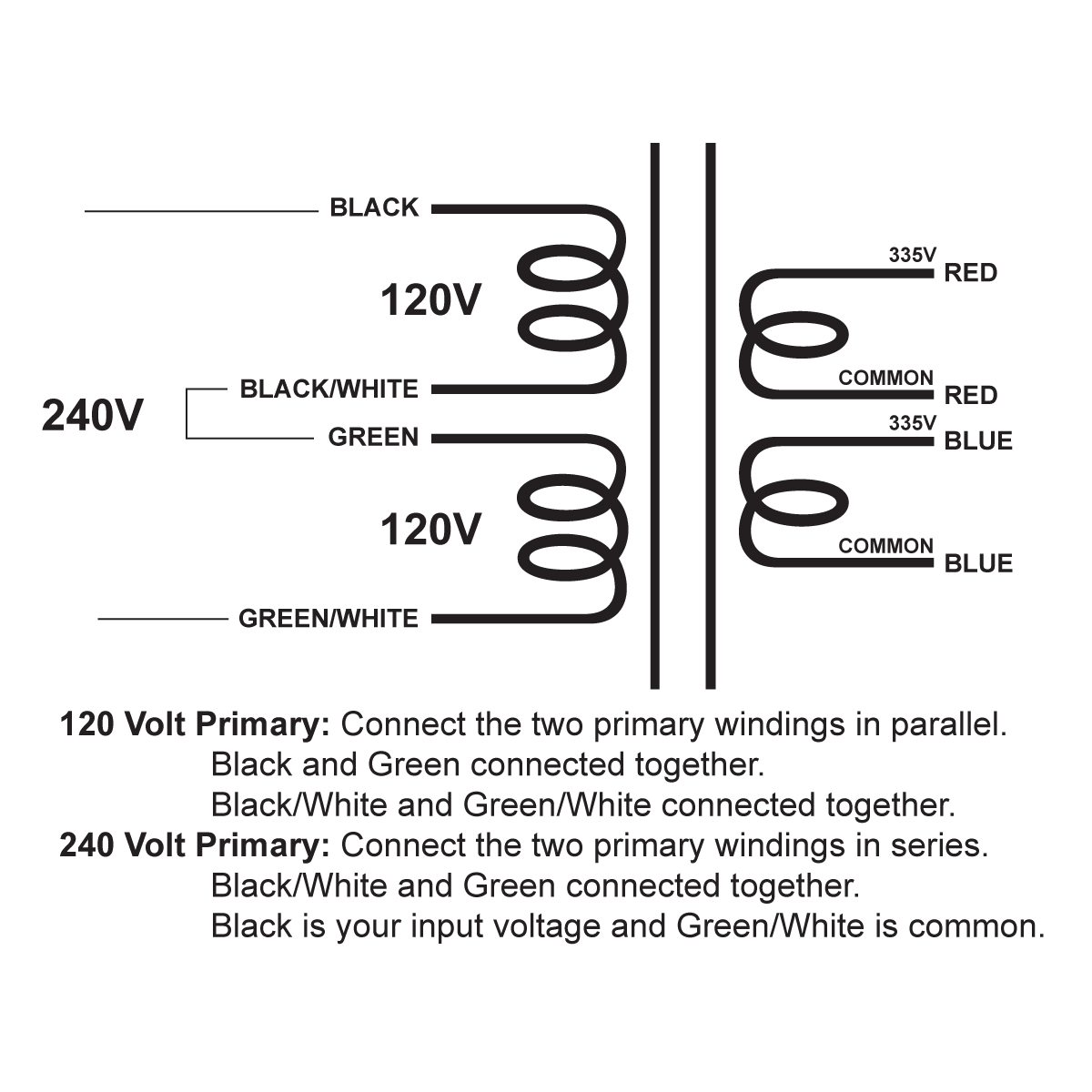 EDCOR Tube Power Transformer XPWR084-120/240 - Dual 335V@200mA - 120V/240V, 50/60Hz. Schematic