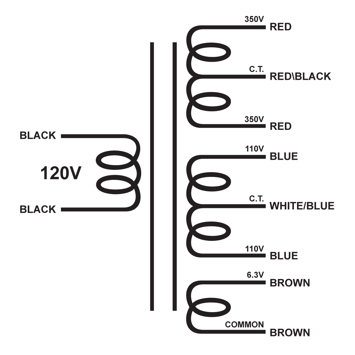 EDCOR Tube Power Transformer XPWR089-120 - 700V@200mA CT, 220V@75mA CT, & 6.3V@5A - 120V, 60Hz. Schematic