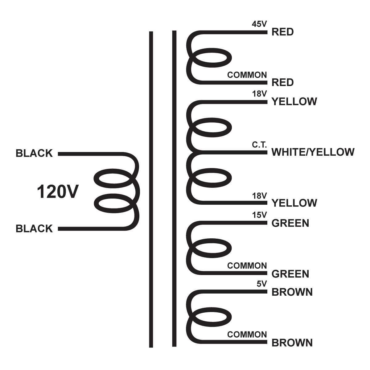 EDCOR Tube Power Transformer XPWR092-120 - 45V@500mA, 36V@6A CT, 15V@1A & 5V@5A - 120V, 60Hz. Schematic