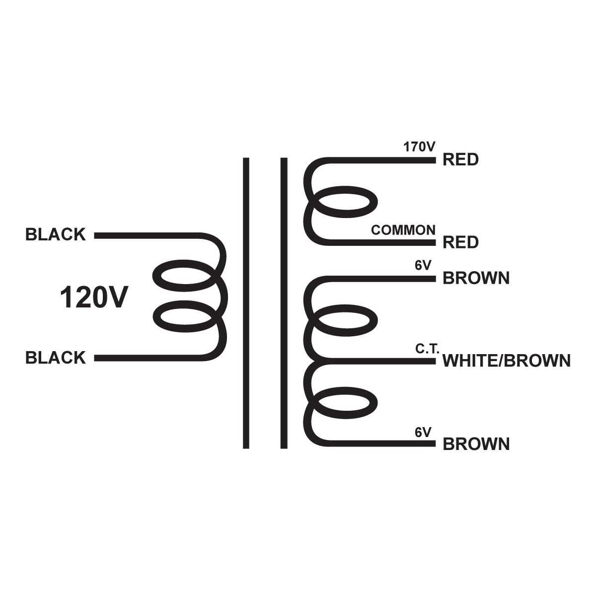 EDCOR Tube Power Transformer XPWR094-120 - 170V@250mA & 12V@2.5A CT - 120V, 60Hz. Schematic