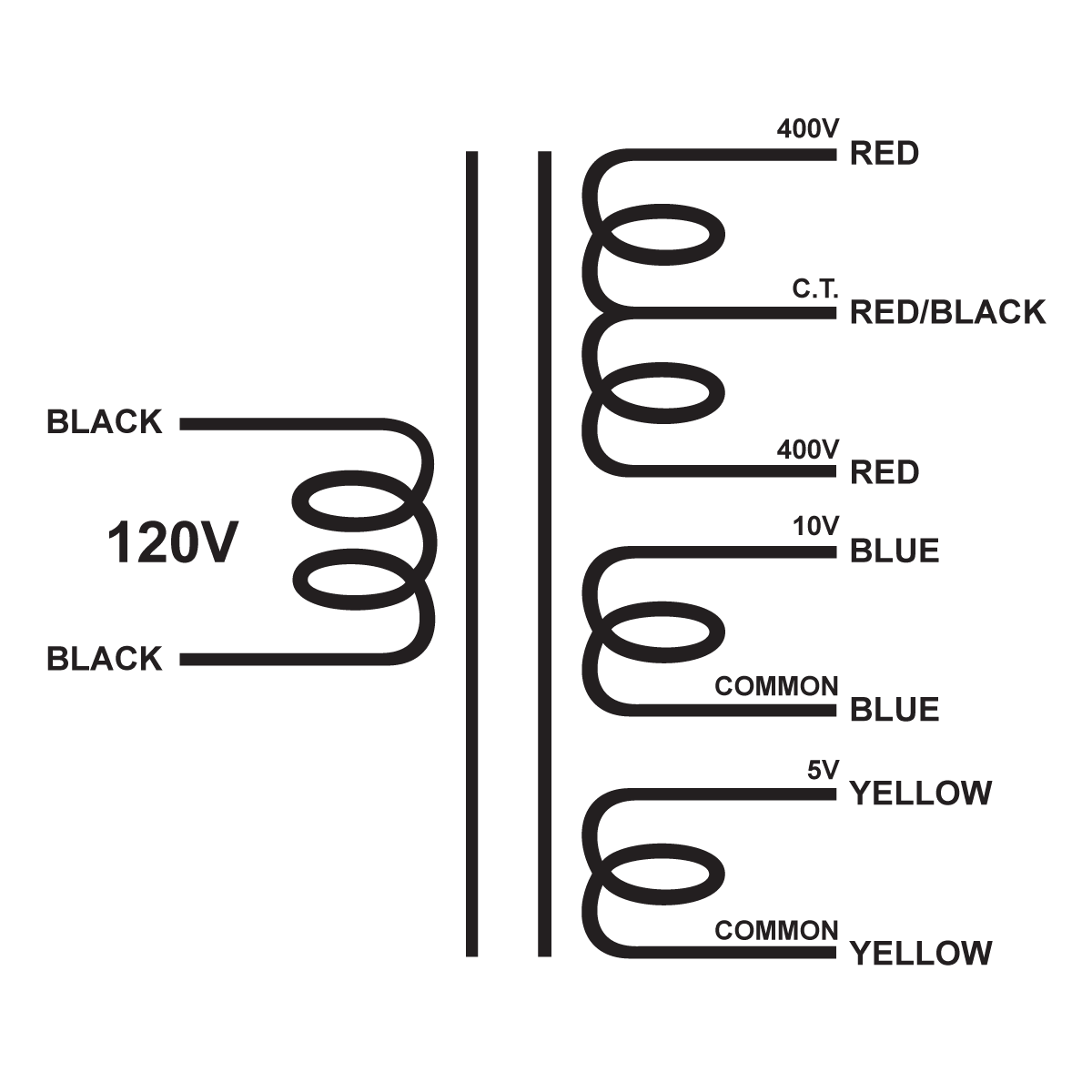 EDCOR Tube Power Transformer XPWR095-120 - 800V@115mA CT, 10V@3A, & 5V@3A - 120V. 60Hz. Schematic