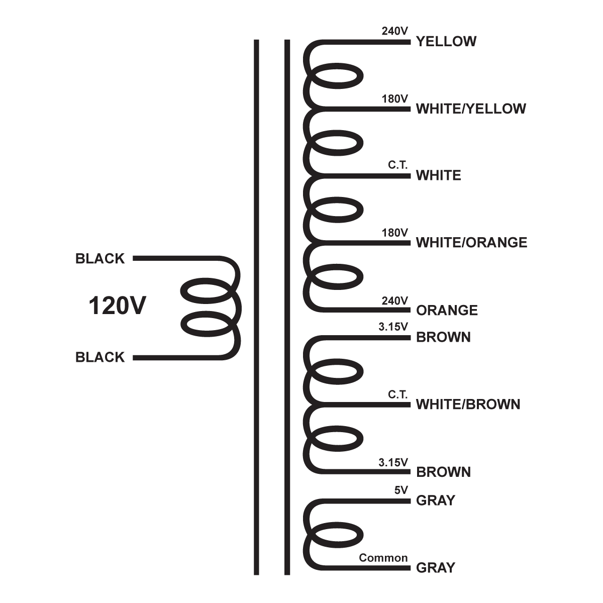 EDCOR Tube Power Transformer XPWR100-120 - 480V/360V@120mA CT, 6.3V@3A CT, & 5V@2A - 120V, 60Hz. Schematic