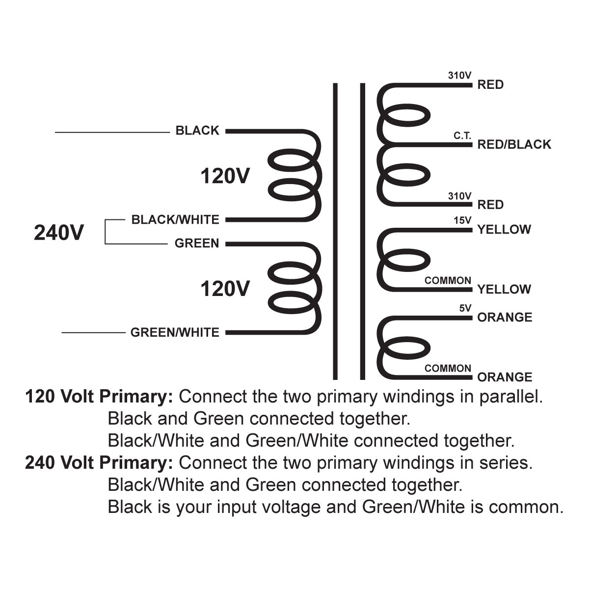 EDCOR Tube Power Transformer XPWR103-120/240 - 620V@100mA CT, 15V@2A, & 5V@2A - 120V/240V, 50/60Hz. Schematic