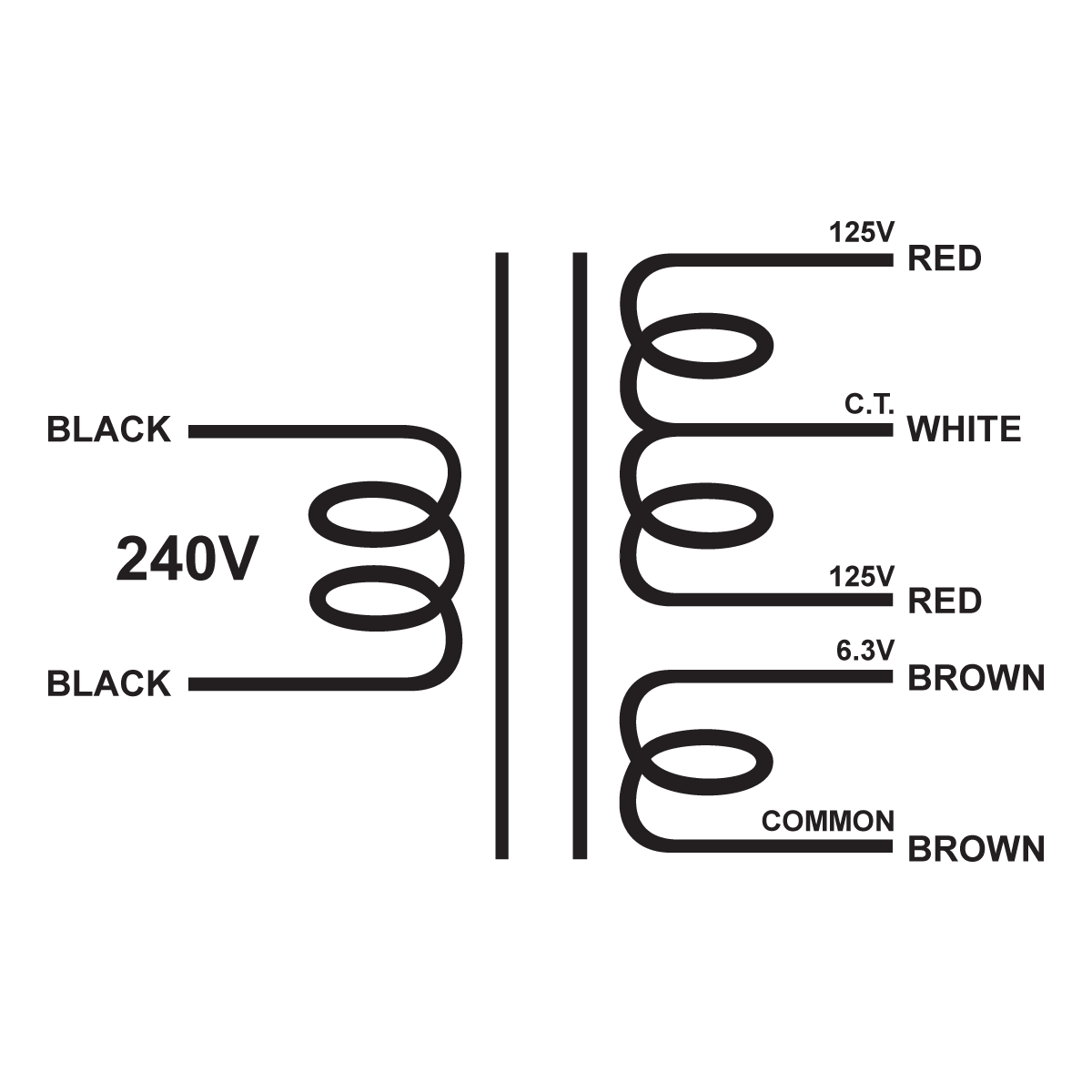 EDCOR Tube Power Transformer XPWR104-240 - 250V@125mA CT & 6.3V@2A - 240V, 50/60Hz. Schematic