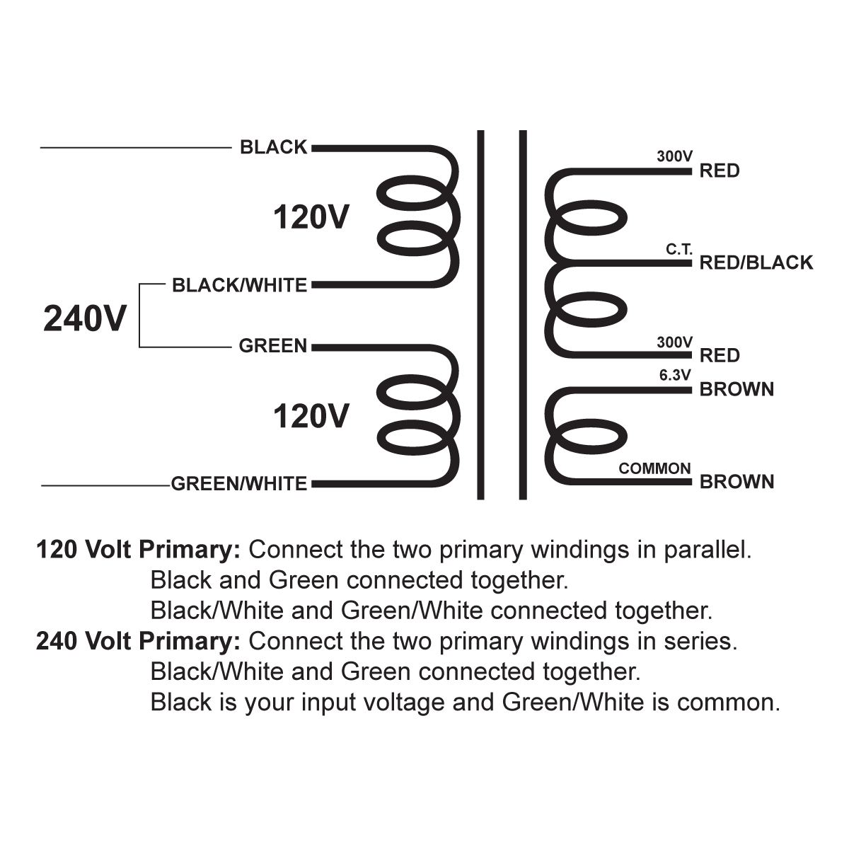 EDCOR Tube Power Transformer XPWR108-120/240 - 600V@250mA CT & 6.3V@4A - 120V/240V, 50/60Hz. Schematic