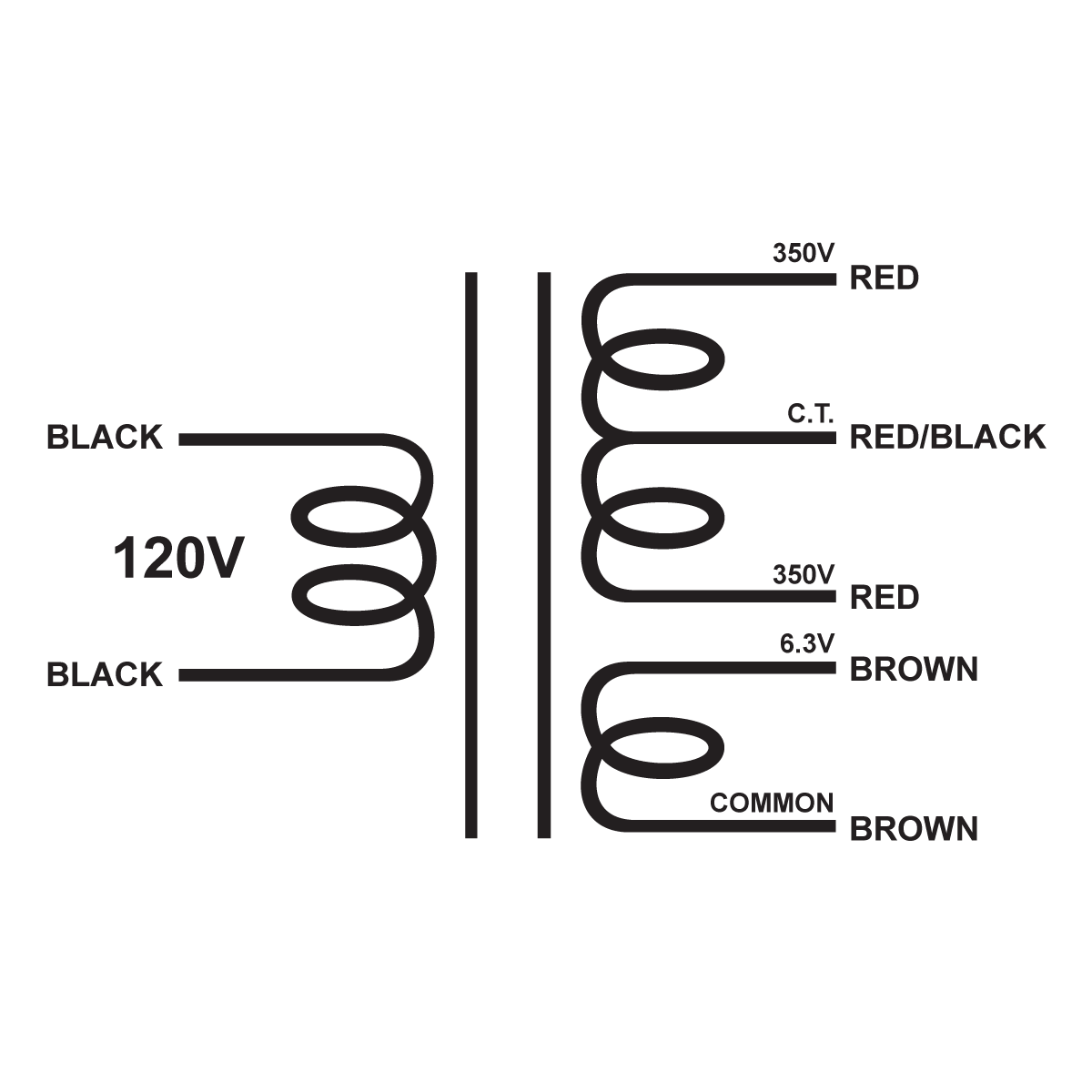 EDCOR Tube Power Transformer XPWR109-120 - 700V@175mA CT & 6.3V@4A - 120V, 60Hz. Schematic