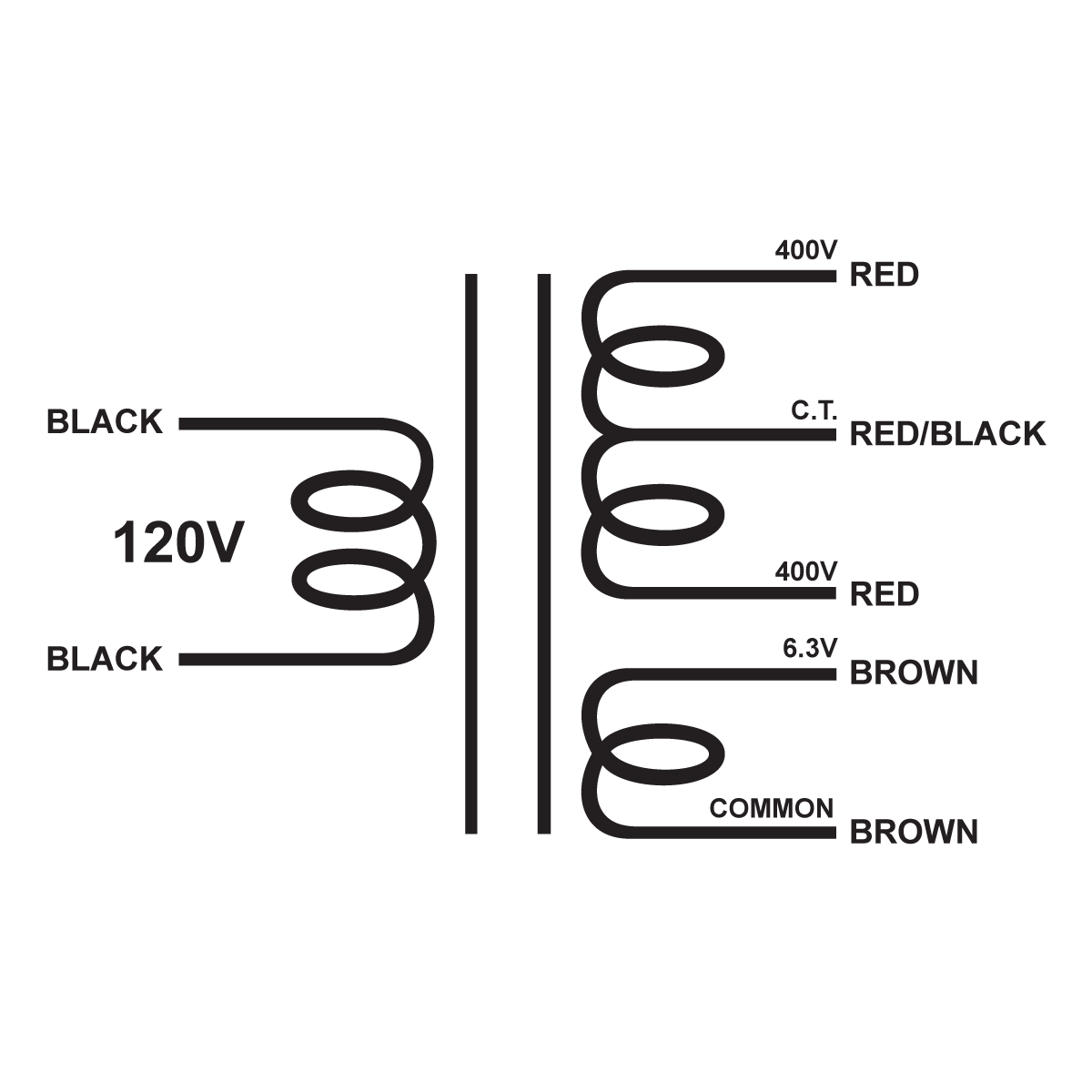 EDCOR Tube Power Transformer XPWR110-120 - 800V@200mA CT & 6.3V@5A - 120V, 60Hz. Schematic