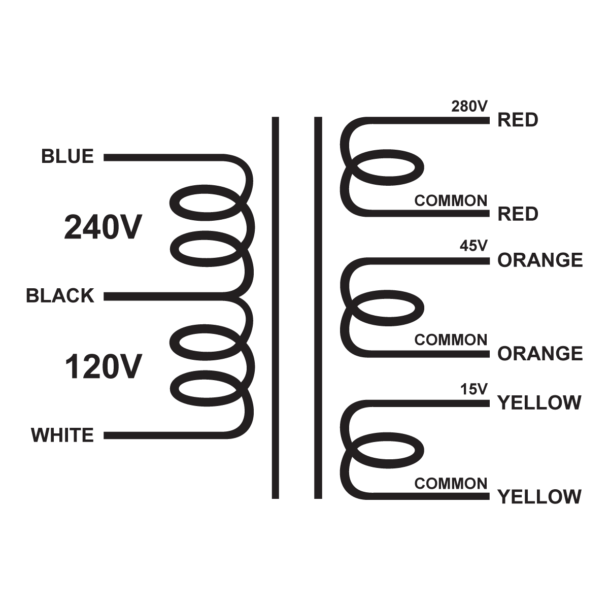 EDCOR Tube Power Transformer XPWR111-120/240 - 280V@75mA, 45V@50mA & 15V@1.2A - 120V/240V, 50/60Hz. Schematic