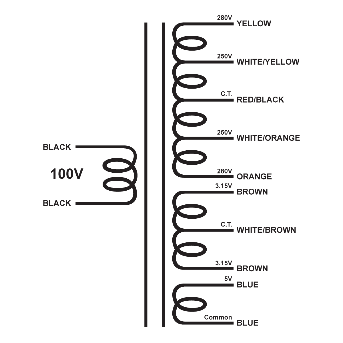 EDCOR Tube Power Transformer XPWR112-100 - 560V/500V@100mA CT, 6.3V@2A CT, & 5V@2A -100V, 50/60Hz. Schematic